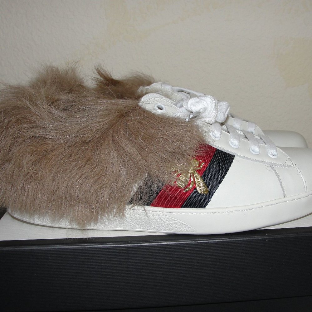 $830 GUCCI MEN'S ACE FUR LEATHER SNEAKERS 8.5 NEW